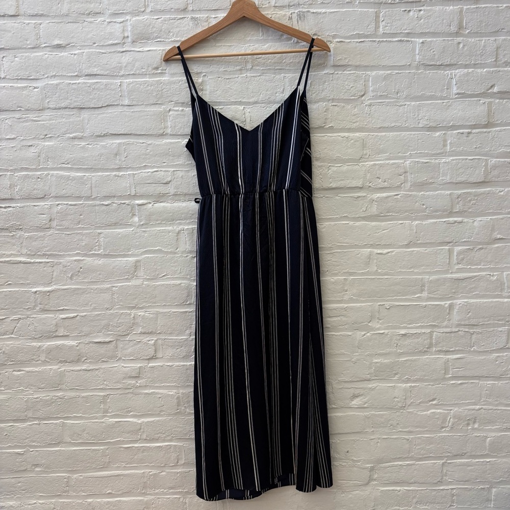 Theory || Hammered Silk Stripe Spaghetti Wrap Dress Midi Navy 4 - Picture 6 of 6